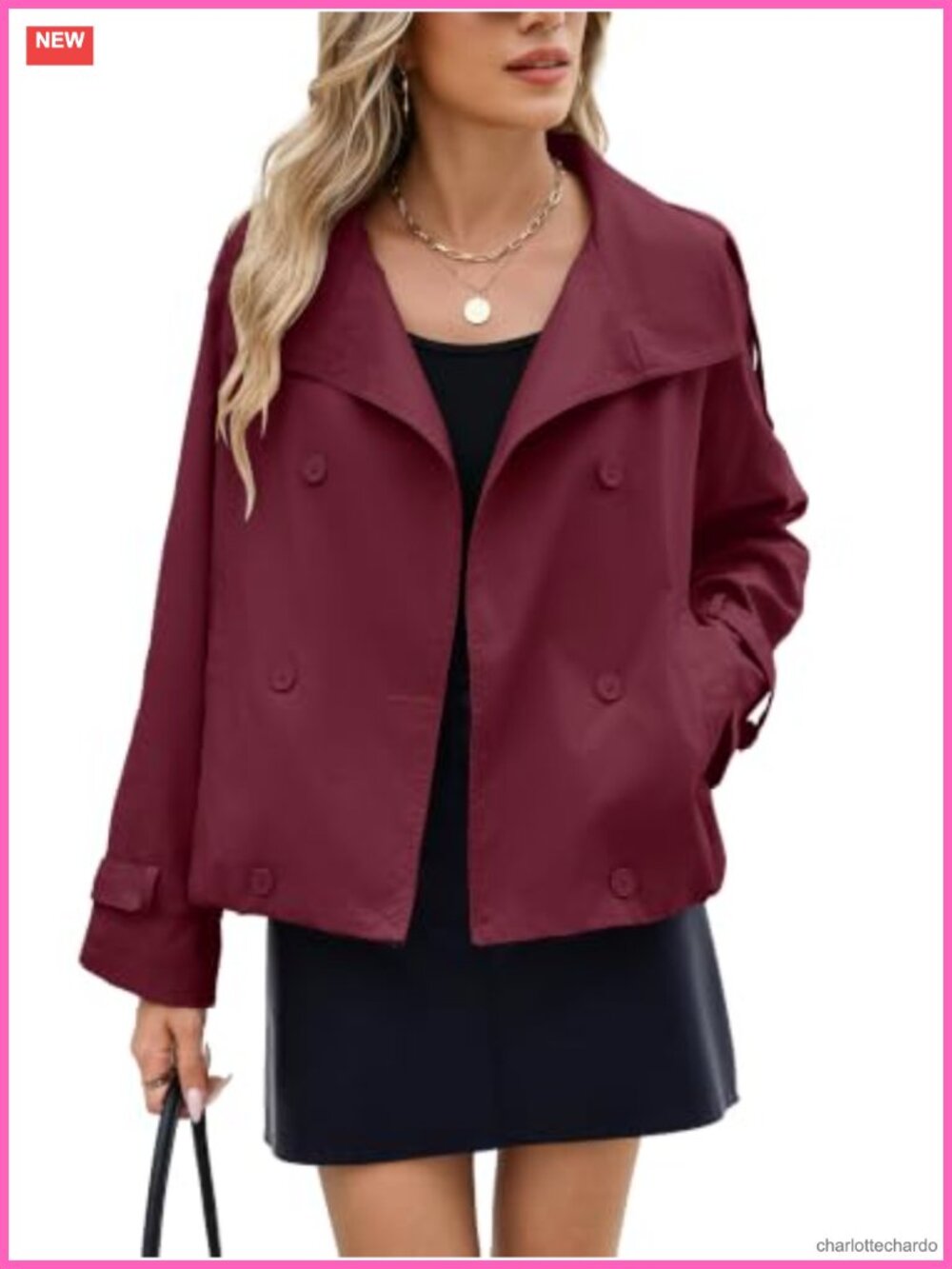 Womens Cropped Trench Coat 100% Polyester Double Breasted Jacket